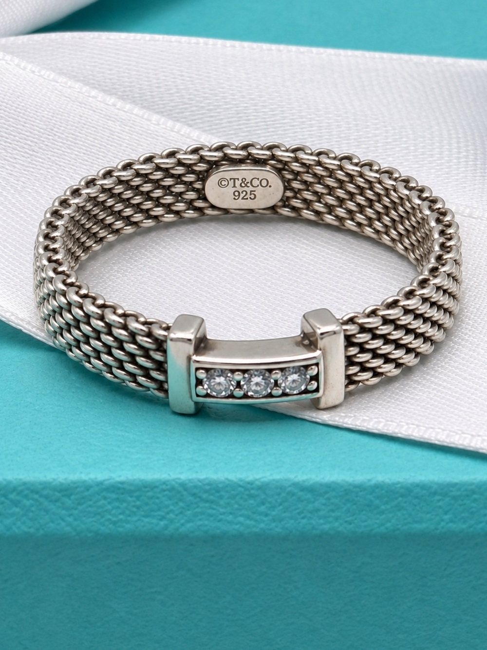 Tiffany & Co. Somerset Mesh Diamond Ring Narrow Ring Band Sterling Silver Size 8